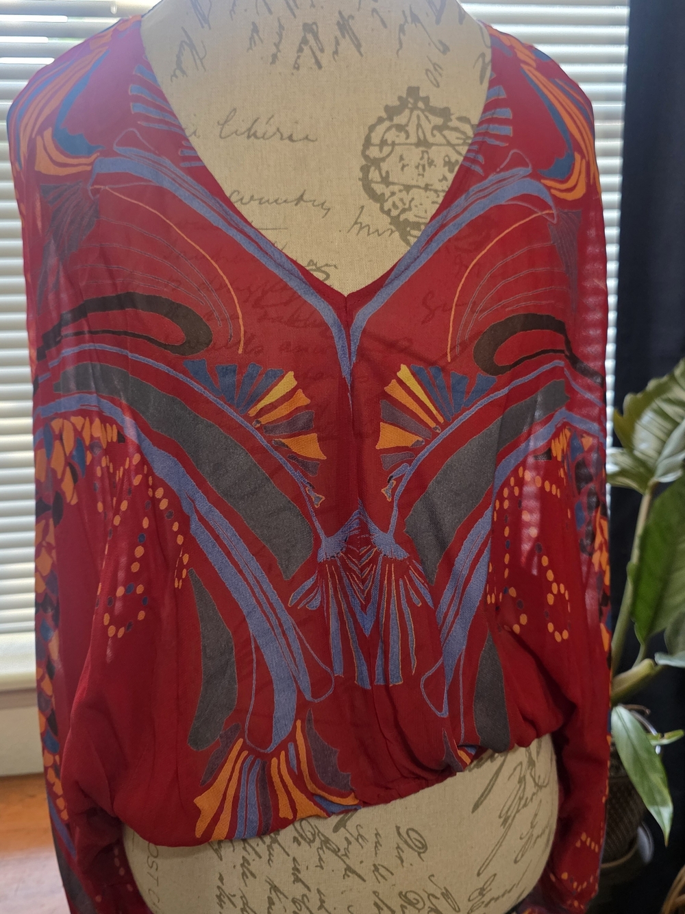 Free People Red Abstract Dolman Kimono Blouse with Multicolor Motif